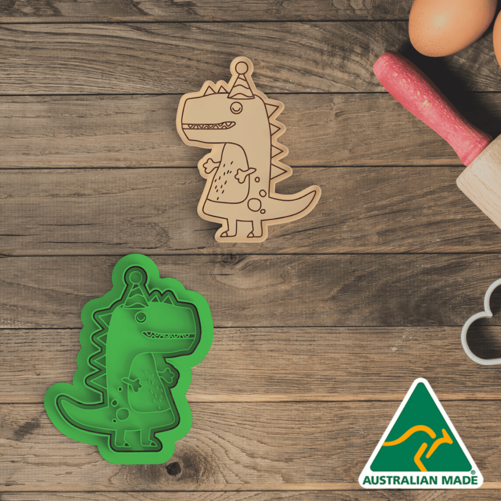 Australian Cookie Cutters Cookie Cutters Dinosaur with Hat Cookie Cutter and Embosser Stamp