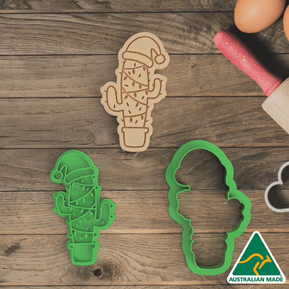 Australian Cookie Cutters Cookie Cutters Cactus with Santa Hat Cookie Cutter And Embosser Stamp