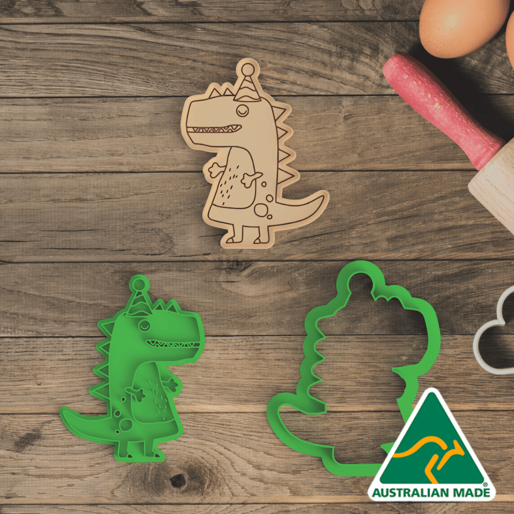 Australian Cookie Cutters Cookie Cutters Dinosaur with Hat Cookie Cutter and Embosser Stamp
