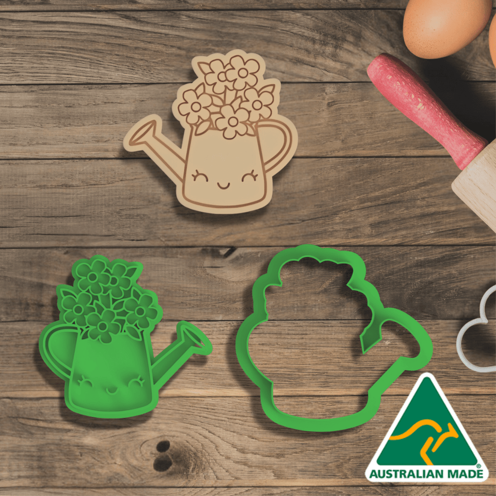 Green Flowers in Watering Can Cookie Cutter and Embosser Stamp