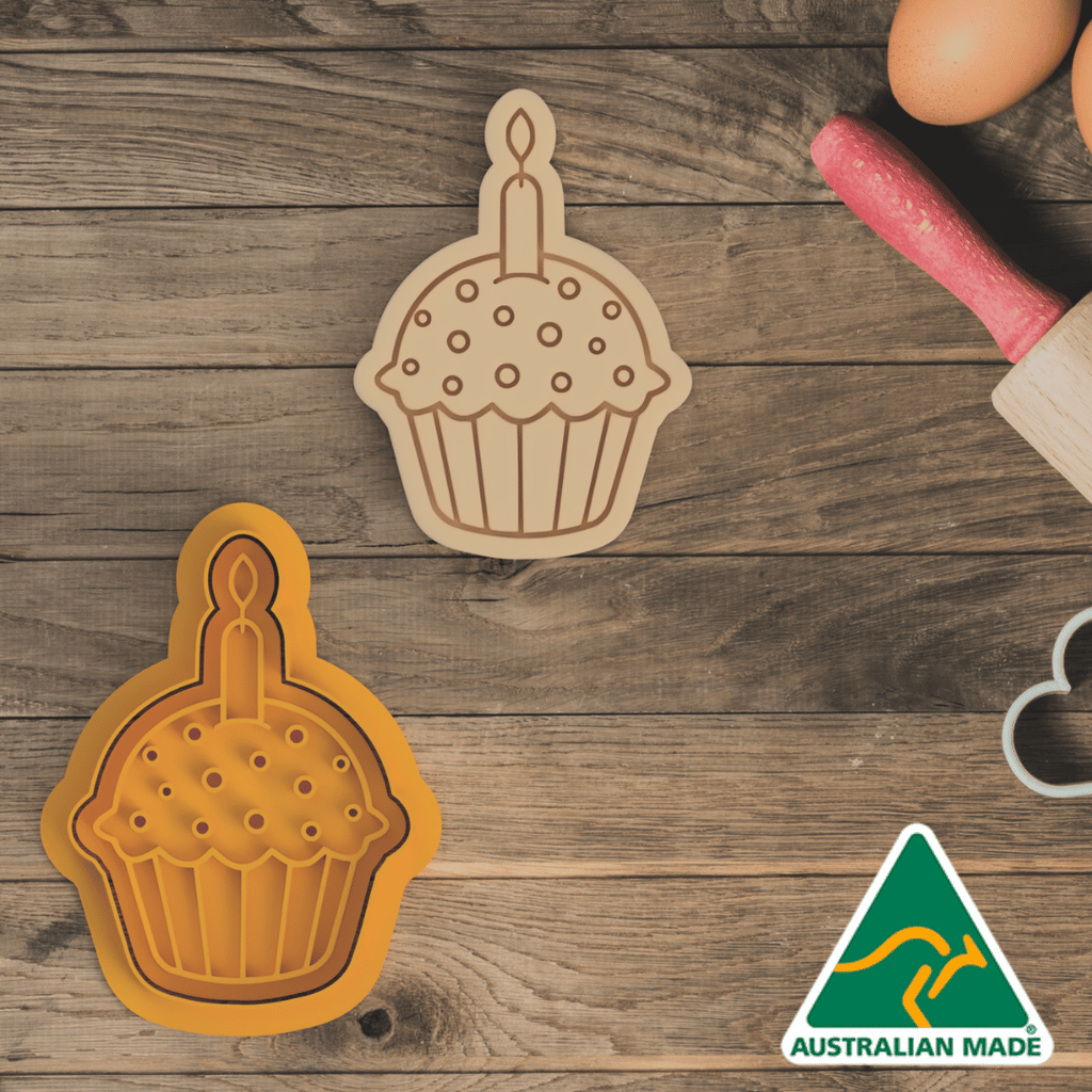 Australian Cookie Cutters Cookie Cutters Mini Happy Birthday Set - Cupcake Cookie Cutter and Embosser Stamp