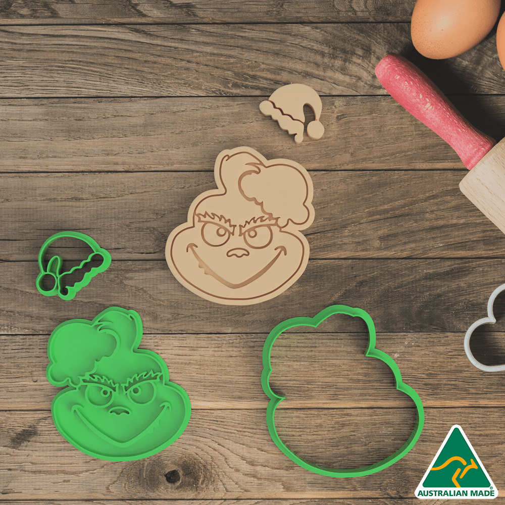 Australian Cookie Cutters Cookie Cutters Christmas Grinch with Bonus Santa hat Cookie Cutter and Embosser Stamp